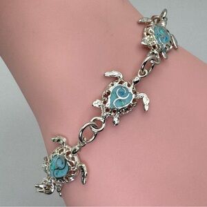 Stunning Vintage Taxco Mexico Blue Opal Sea Turtle Bracelet Silver Boho